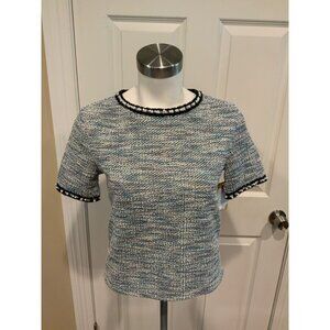 Zara Trafaluc Blue & White Tweed Short Sleeve Shirt W/ Pearl Trim, Size S